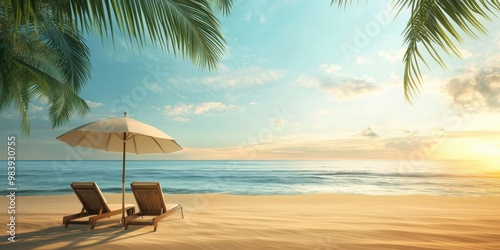 A serene tropical beach scene with two wooden lounge chairs under a large white umbrella,