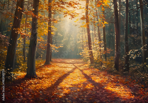 Autumn forest floor, sunlit leaves, warm & serene ambiance.