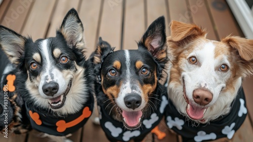 Dog costume party in a haunted house, complete with ghostly tails and bone-shaped treats