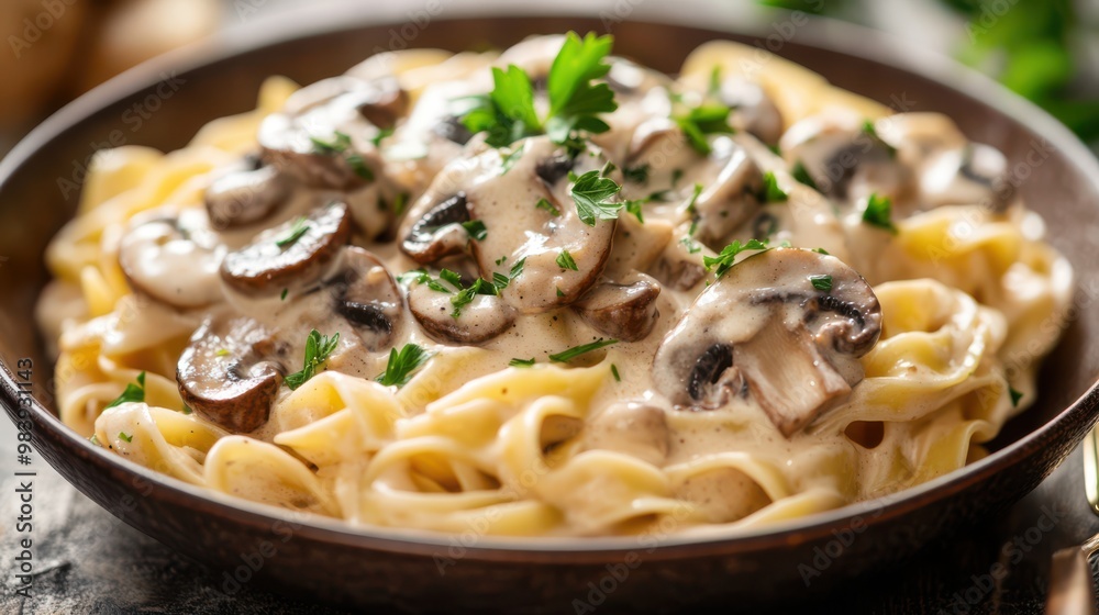 Creamy mushroom pasta in a rustic bowl, garnished with fresh herbs Creamy mushroom pasta in a rustic bowl, garnished with fresh herbs