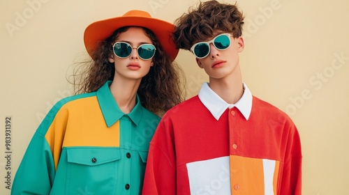 Retro Color Pop: Stylish couple rocking vibrant 80s fashion with bold colors and cool shades against a sunny backdrop. 