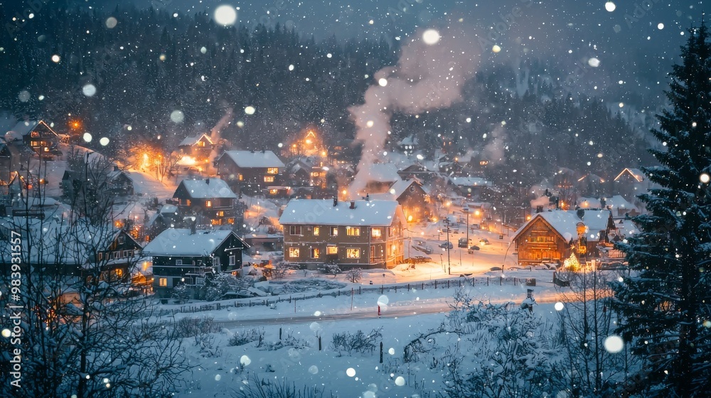 Snow falling in a small, traditional Christmas town, with cozy homes lit up and smoke rising from chimneys, a perfect holiday stock image Snow falling in a small, traditional Christmas town, with cozy homes lit up and smoke rising from chimneys, a perfect holiday stock image