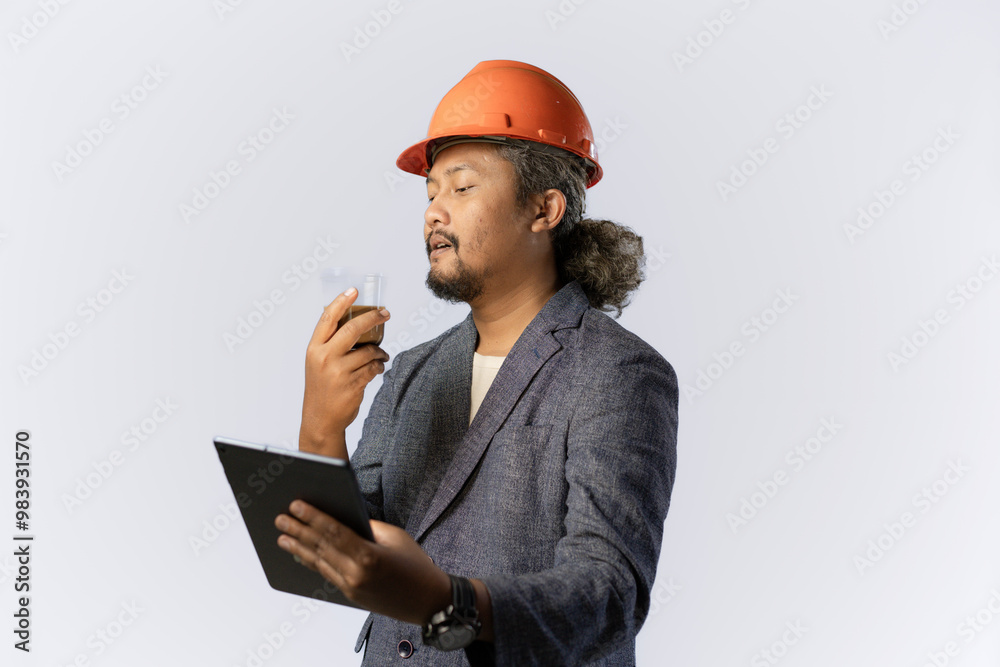 Curly haired male construction worker working using tablet while drinking a cup of coffee, construction and industry work concept, isolated on white background. Curly haired male construction worker working using tablet while drinking a cup of coffee, construction and industry work concept, isolated on white background.