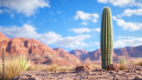 A tall cactus stands alone in desert against backdrop of mountains and bright blue sky, showcasing beauty of natures resilience