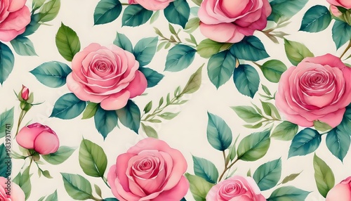 pattern Watercolor roses intertwined with leafy green branches