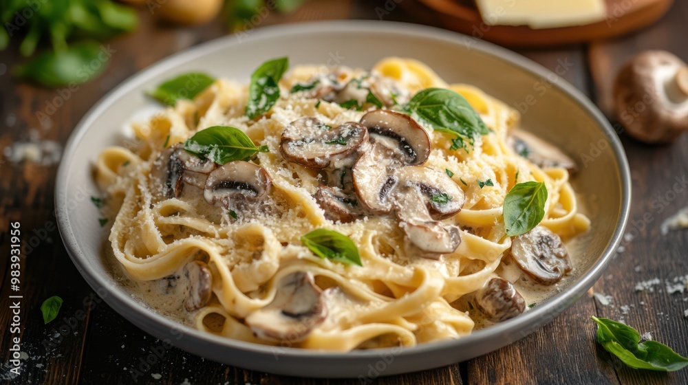 Delicious creamy fettuccine with mushrooms and fresh basil served on a rustic wooden table