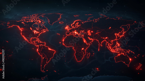 A world map with glowing red lights connecting different regions, showcasing network of connections across continents. This visually striking representation highlights global interconnectivity and tec photo