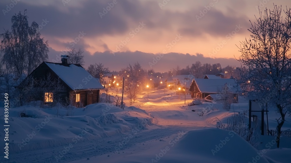 snowy village at sunset, warm light glowing through the windows of small houses, the snow reflecting the last rays of the day, creating a cozy winter atmosphere snowy village at sunset, warm light glowing through the windows of small houses, the snow reflecting the last rays of the day, creating a cozy winter atmosphere