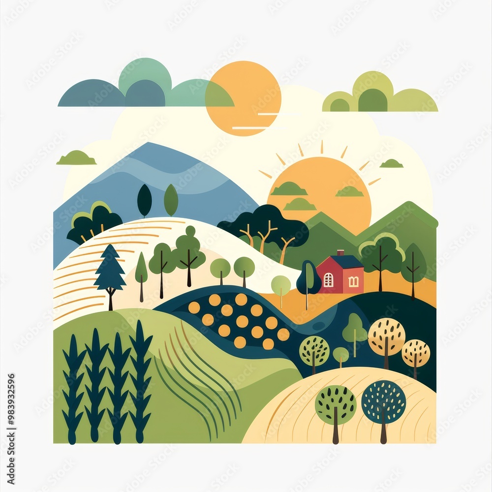 Fototapeta premium Sustainable Vineyard: Eco-Friendly Wine Production in Flat Design Setting