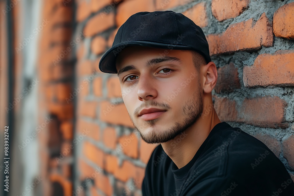 Portrait of young handsome bearded hipster man with black cap Portrait of young handsome bearded hipster man with black cap