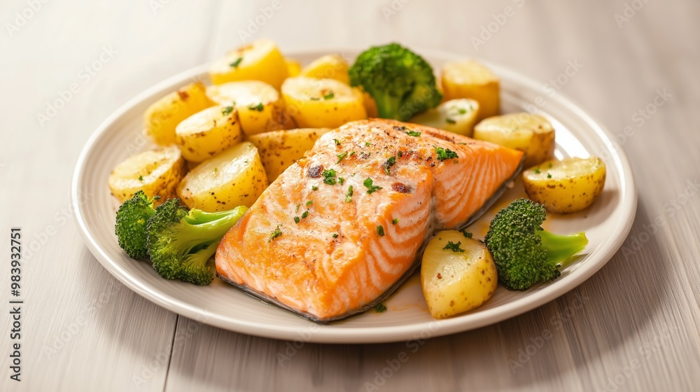 Delicious grilled salmon served with roasted potatoes and steamed broccoli on a white plate for a healthy meal. Delicious grilled salmon served with roasted potatoes and steamed broccoli on a white plate for a healthy meal.