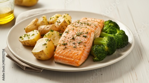 A healthy meal featuring grilled salmon, roasted potatoes, and steamed broccoli on a white plate against a light background.