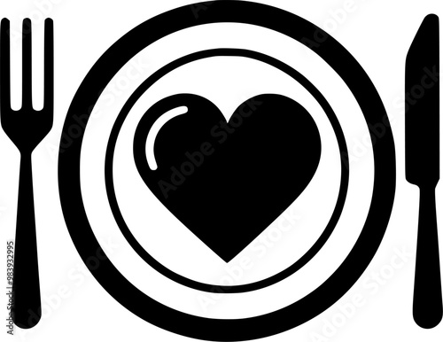 Plate with heart, fork and knife filled outline icon, line vector sign, symbol, vector, art