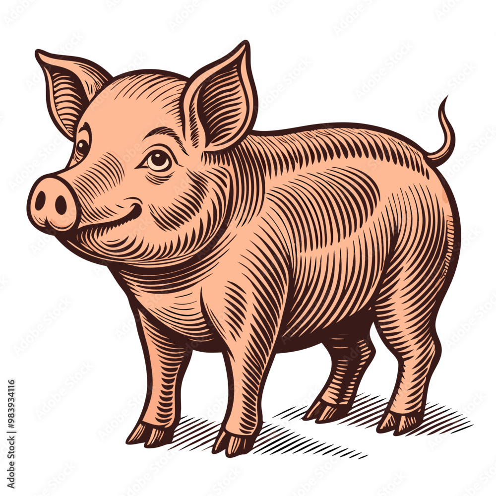 Fototapeta premium Hand-drawn Retro Pig Illustration with Vintage Farm Animal Theme 