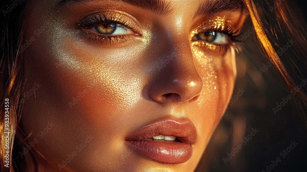 Close-up of a Woman's Face with Shimmering Gold Makeup Close-up of a Woman's Face with Shimmering Gold Makeup