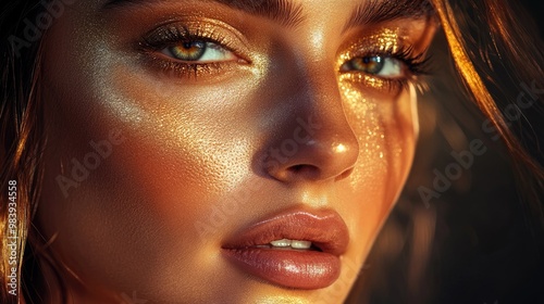 Close-up of a Woman's Face with Shimmering Gold Makeup