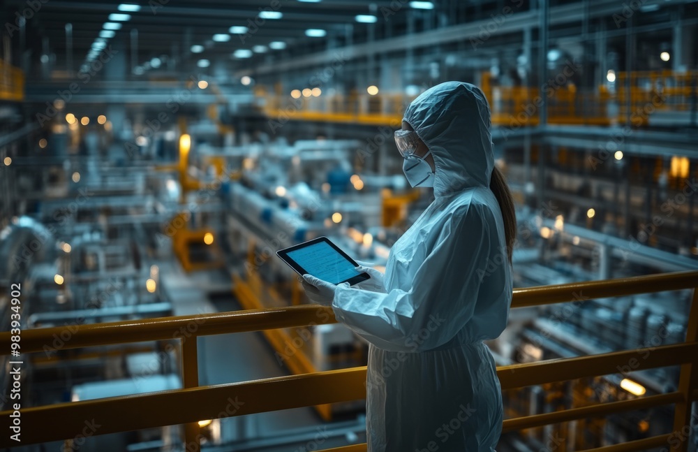 Female worker in protective gear holding a tablet on a factory balcony with CNC machines