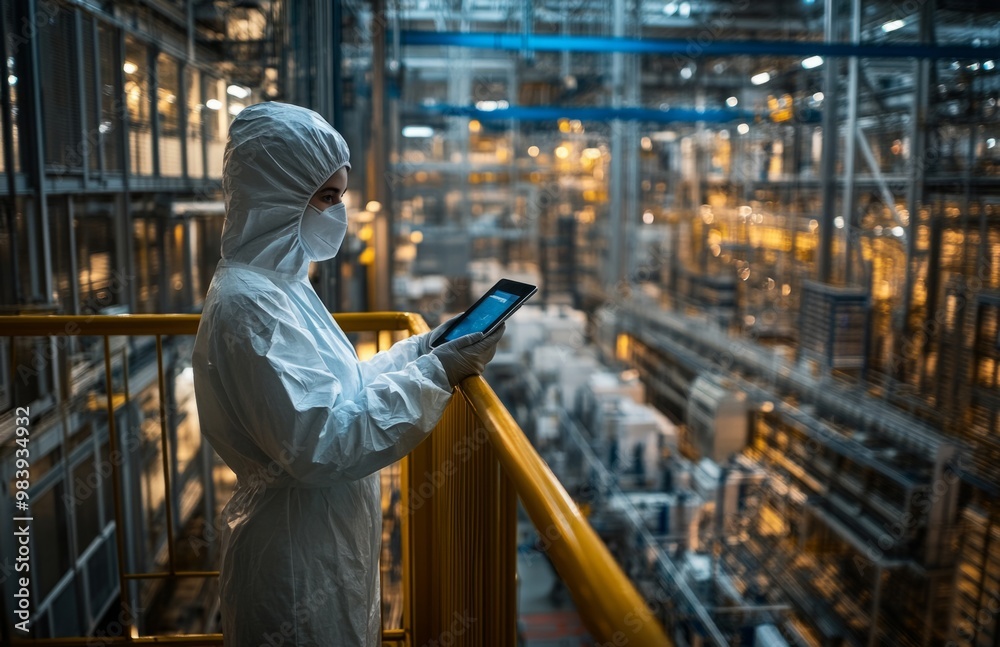 Female worker in protective gear holding a tablet on a factory balcony with CNC machines Female worker in protective gear holding a tablet on a factory balcony with CNC machines