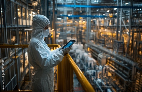 Female worker in protective gear holding a tablet on a factory balcony with CNC machines