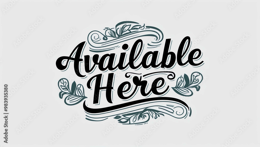 Available here typography lettering decorative design on plain white background Available here typography lettering decorative design on plain white background