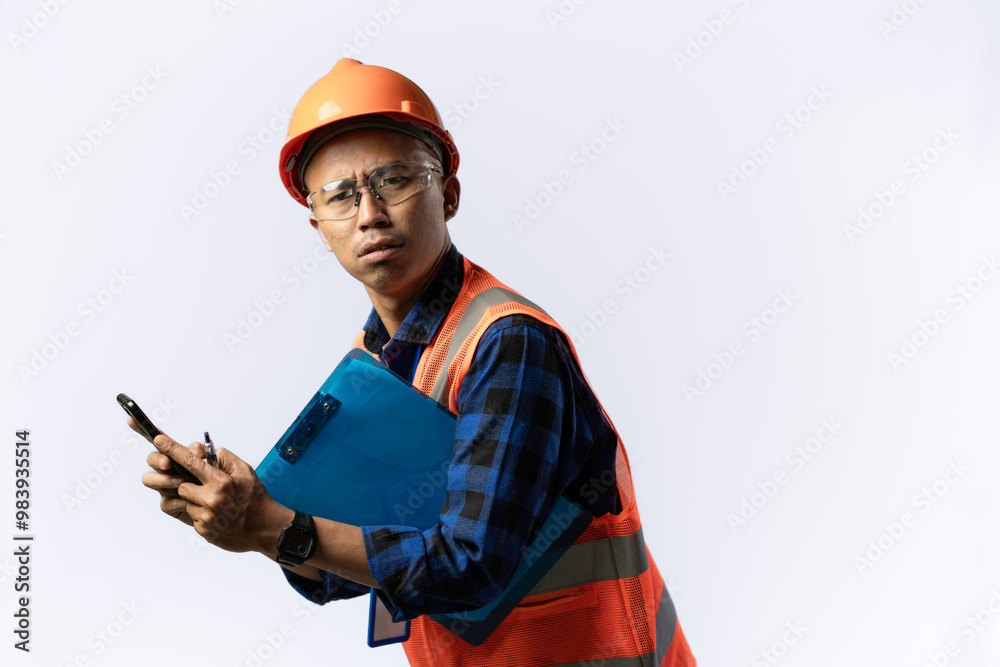 Asian adult male construction worker standing with clipboard and cell phone, industrial and construction concept, isolated on white background. Asian adult male construction worker standing with clipboard and cell phone, industrial and construction concept, isolated on white background.