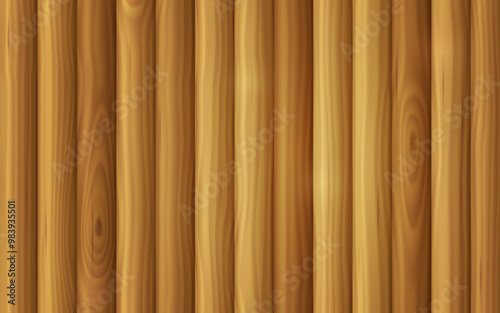 Wooden fence or wall of log cabin texture. Background with old wood beams. Rustic timber house interior with vertical logs. Texture of pine tree trunks, lumber, vector realistic illustration