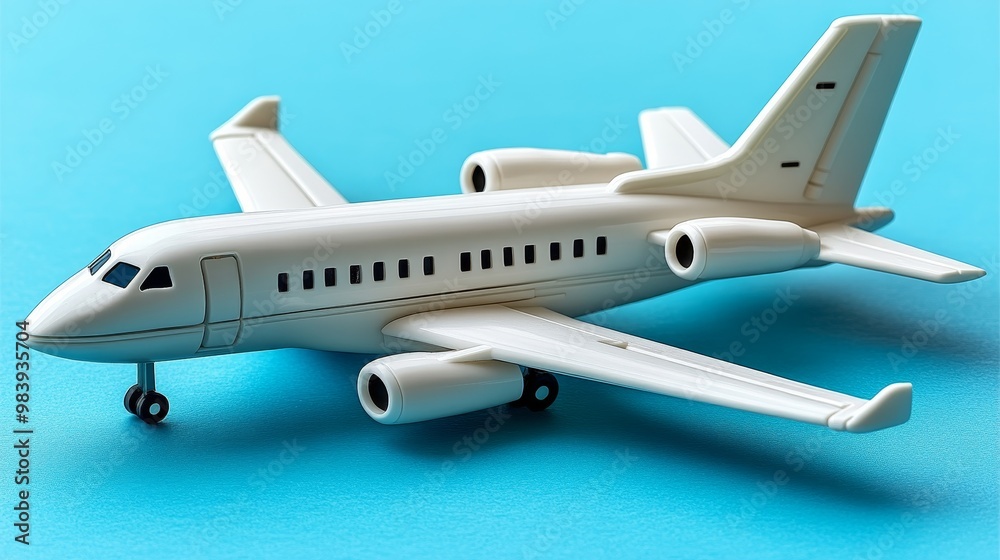 Fototapeta premium A detailed model of a private jet, showcasing its sleek design and elegant features against a vibrant blue background.