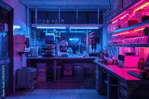 Animal biotechnology lab illustration with neon lights at night 1 photo