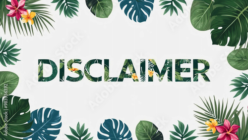 Disclaimer lettering with tropical plants leaves and flowers design on plain white background photo