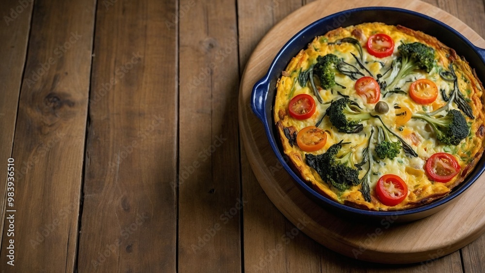 Vegetable frittata baked in a blue dish on a wooden table with fresh toppings Vegetable frittata baked in a blue dish on a wooden table with fresh toppings