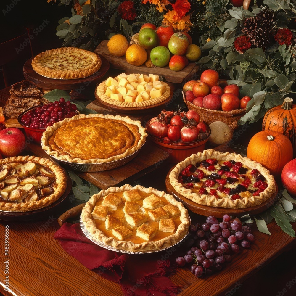 A traditional wooden table set with Thanksgiving pies, surrounded by harvest fruits and vegetables, [Thanksgiving], [seasonal feast]