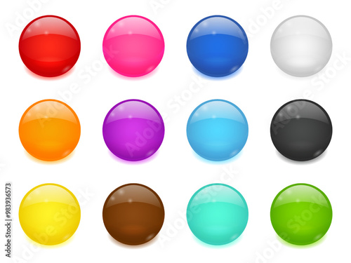 Glossy colored round buttons. 3d icons of glass balls. Colored shiny spheres isolated on white background. Blue, green, red, brown, black and yellow circle web buttons set, vector cartoon illustration