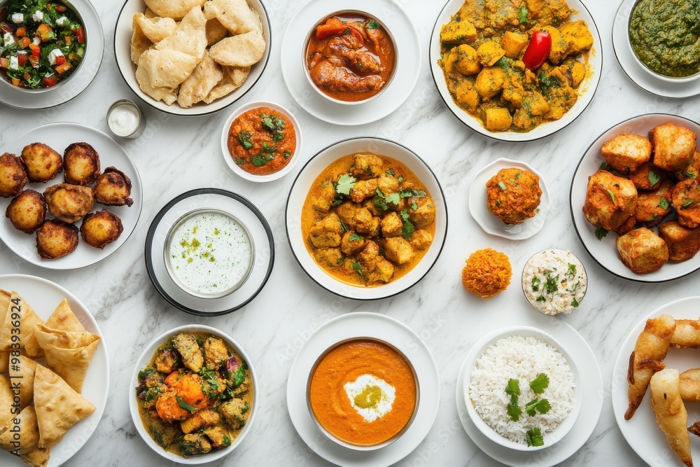 A top-down view of an array of Indian dishes served on white plates