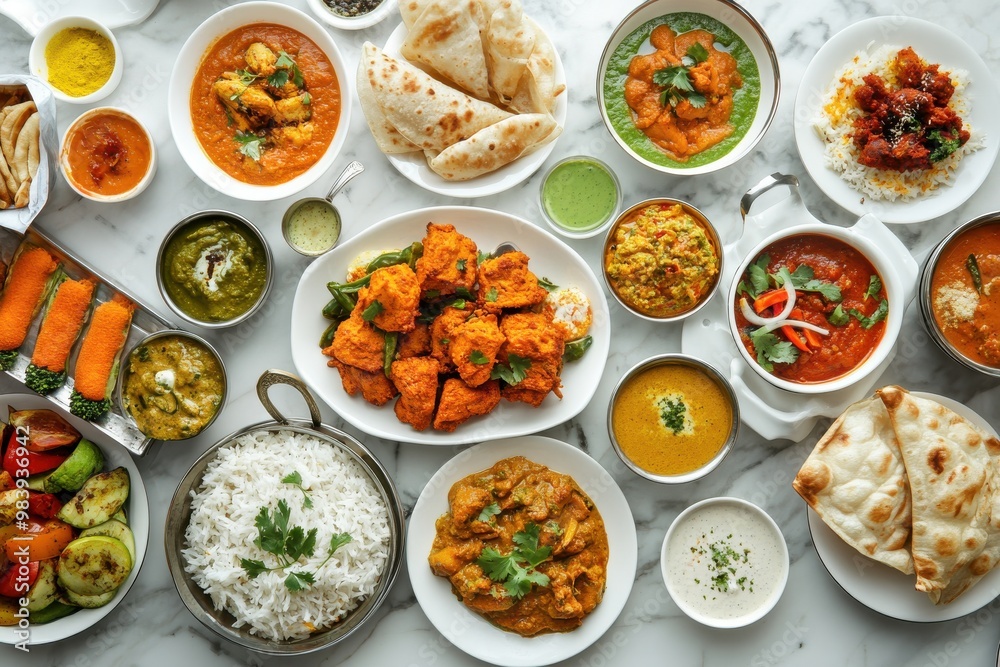 A top-down view of an array of Indian dishes served on white plates A top-down view of an array of Indian dishes served on white plates