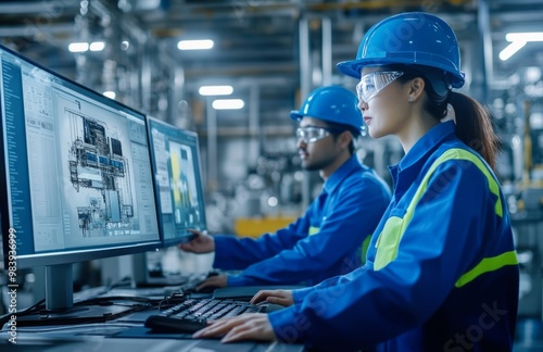 Asian engineers in blue uniforms collaborating on industrial design at modern energy solutions factory