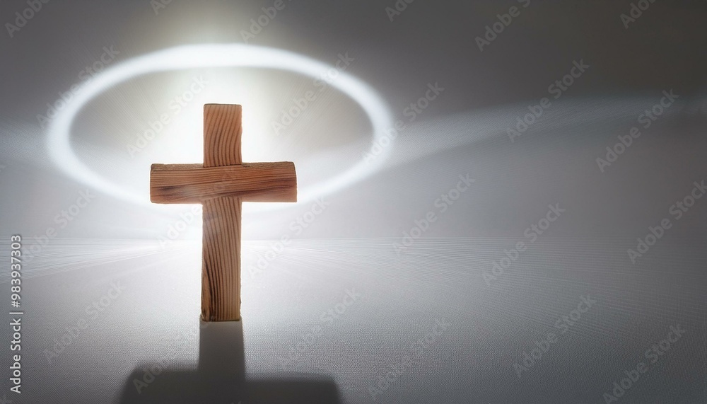 Wooden Cross with a Halo of Light
A wooden cross on the right side, surrounded by a soft halo of light on a white background, symbolizing purity and divinity. Wooden Cross with a Halo of Light
A wooden cross on the right side, surrounded by a soft halo of light on a white background, symbolizing purity and divinity.