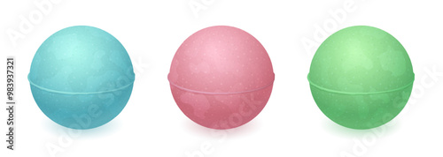 Salt bath bombs icons. Fizzing spa balls with sea salt and soap. Blue, green and pink bath bombs with minerals for body skin care, relax and treatment, vector cartoon illustration isolated on white