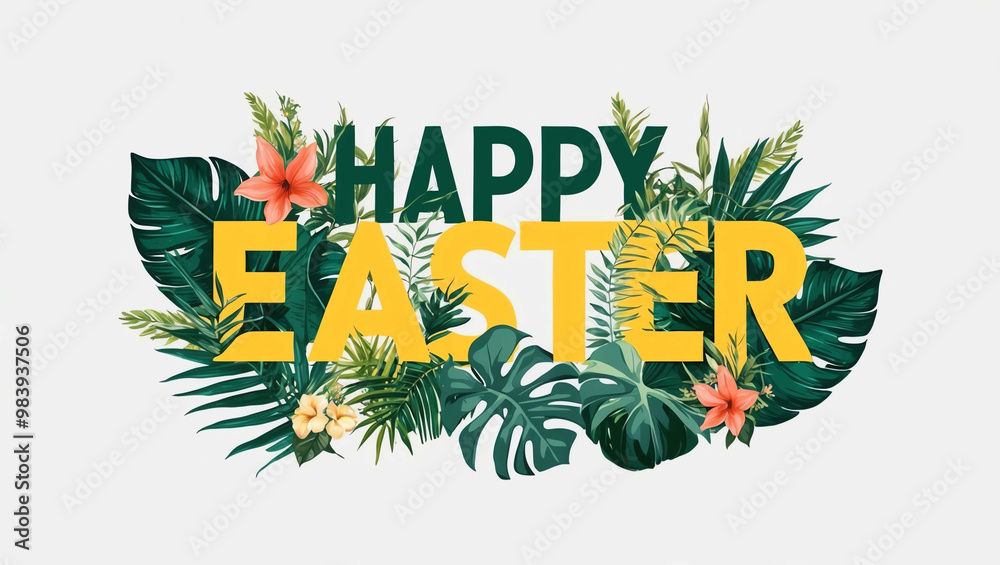 Obraz premium happy easter lettering with tropical plants leaves and flowers design on plain white background