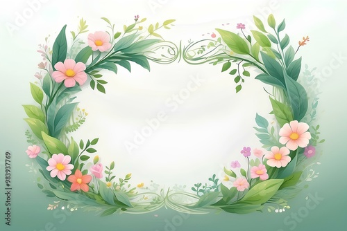 delicate floral border with soft green leaves and colorful blossoms surrounding a white interior great for springtime designs, nature-inspired cards, or light invitations