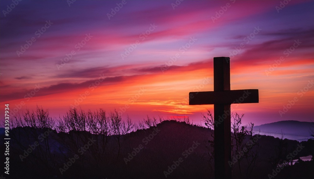 Wooden Cross on a Warm Sunset Background
A wooden cross on the right, silhouetted against a vibrant sunset sky with hues of orange, pink, and purple, creating a spiritual, calming atmosphere. Wooden Cross on a Warm Sunset Background
A wooden cross on the right, silhouetted against a vibrant sunset sky with hues of orange, pink, and purple, creating a spiritual, calming atmosphere.