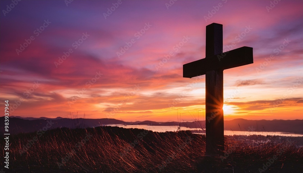 Wooden Cross on a Warm Sunset Background
A wooden cross on the right, silhouetted against a vibrant sunset sky with hues of orange, pink, and purple, creating a spiritual, calming atmosphere. Wooden Cross on a Warm Sunset Background
A wooden cross on the right, silhouetted against a vibrant sunset sky with hues of orange, pink, and purple, creating a spiritual, calming atmosphere.