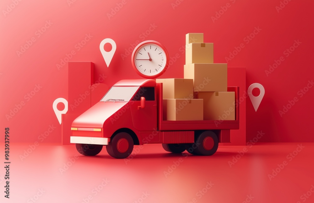 Red logistics truck, City Background, Clock and Location Marker for Online Shopping, Logistics, Precise and Fast Delivery, Concept Business Advertisement Background with Copy Space. 3D Illustration Red logistics truck, City Background, Clock and Location Marker for Online Shopping, Logistics, Precise and Fast Delivery, Concept Business Advertisement Background with Copy Space. 3D Illustration