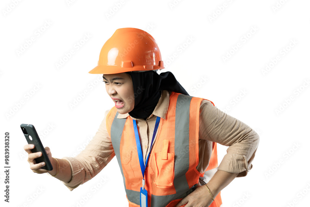 Young Asian female construction worker in hijab who looks very angry when looking at the contents of her cell phone, industrial and construction concept, isolated white background. Young Asian female construction worker in hijab who looks very angry when looking at the contents of her cell phone, industrial and construction concept, isolated white background.