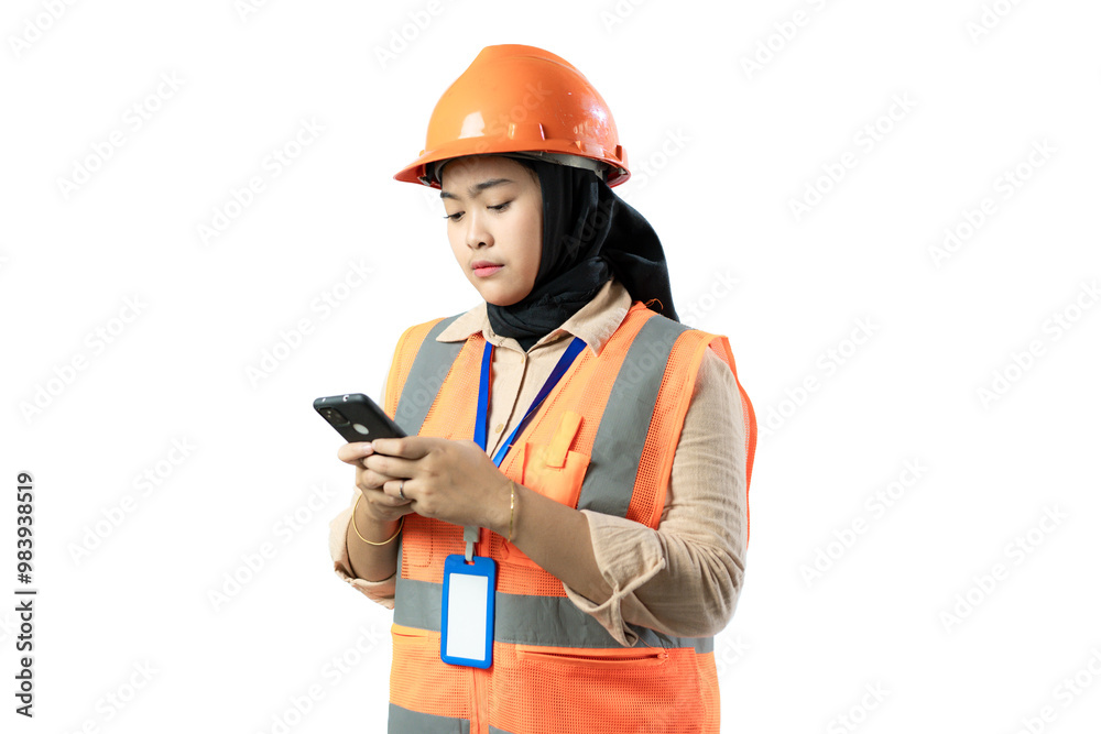 Young Asian female construction worker in hijab standing while playing cell phone, industrial and construction concept, isolated on white background. Young Asian female construction worker in hijab standing while playing cell phone, industrial and construction concept, isolated on white background.