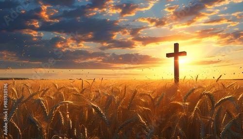 Tranquil sunset over a golden wheat field featuring a cross, symbolizing faith and meditation, perfect for religious event promotion photo