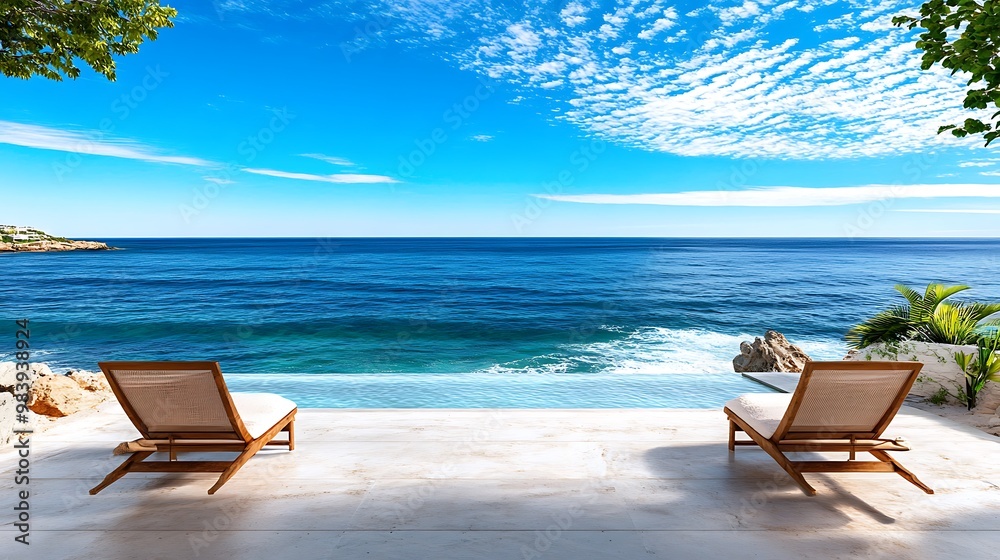 Serene Beachfront View with Lounge Chairs and Ocean Waves Serene Beachfront View with Lounge Chairs and Ocean Waves
