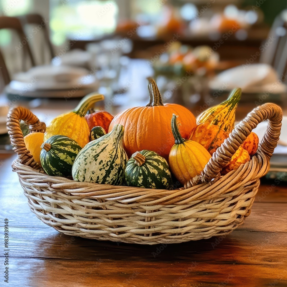 A woven basket filled with colorful gourds and mini pumpkins, set on a wooden table with a Thanksgiving feast, [Thanksgiving], [harvest decor]