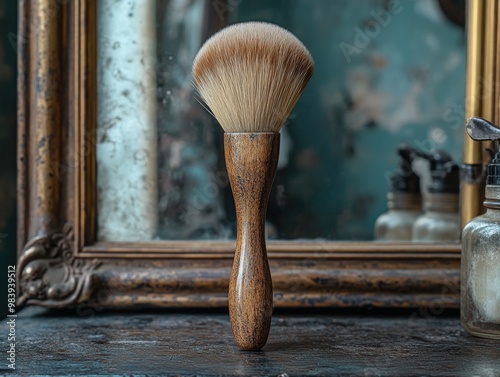 A rustic wooden shaving brush stands elegantly in front of a vintage mirror, showcasing craftsmanship and elegance in grooming. photo