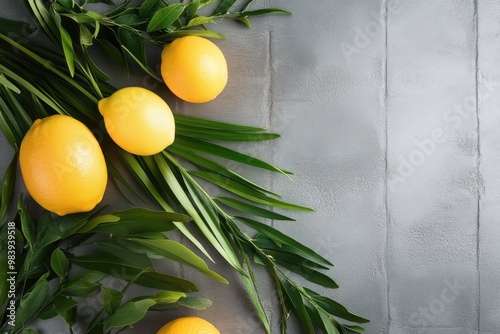 Green willow branches, palm branches, etrog (citron) fruits on a grey background., an Israeli arrangement for the Jewish holiday Sukkot.  photo