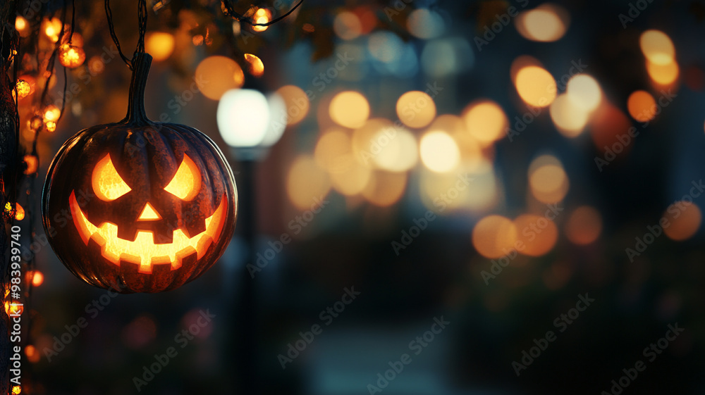A glowing jack-o'-lantern hangs in a festive garden illuminated by string lights on Halloween night A glowing jack-o'-lantern hangs in a festive garden illuminated by string lights on Halloween night